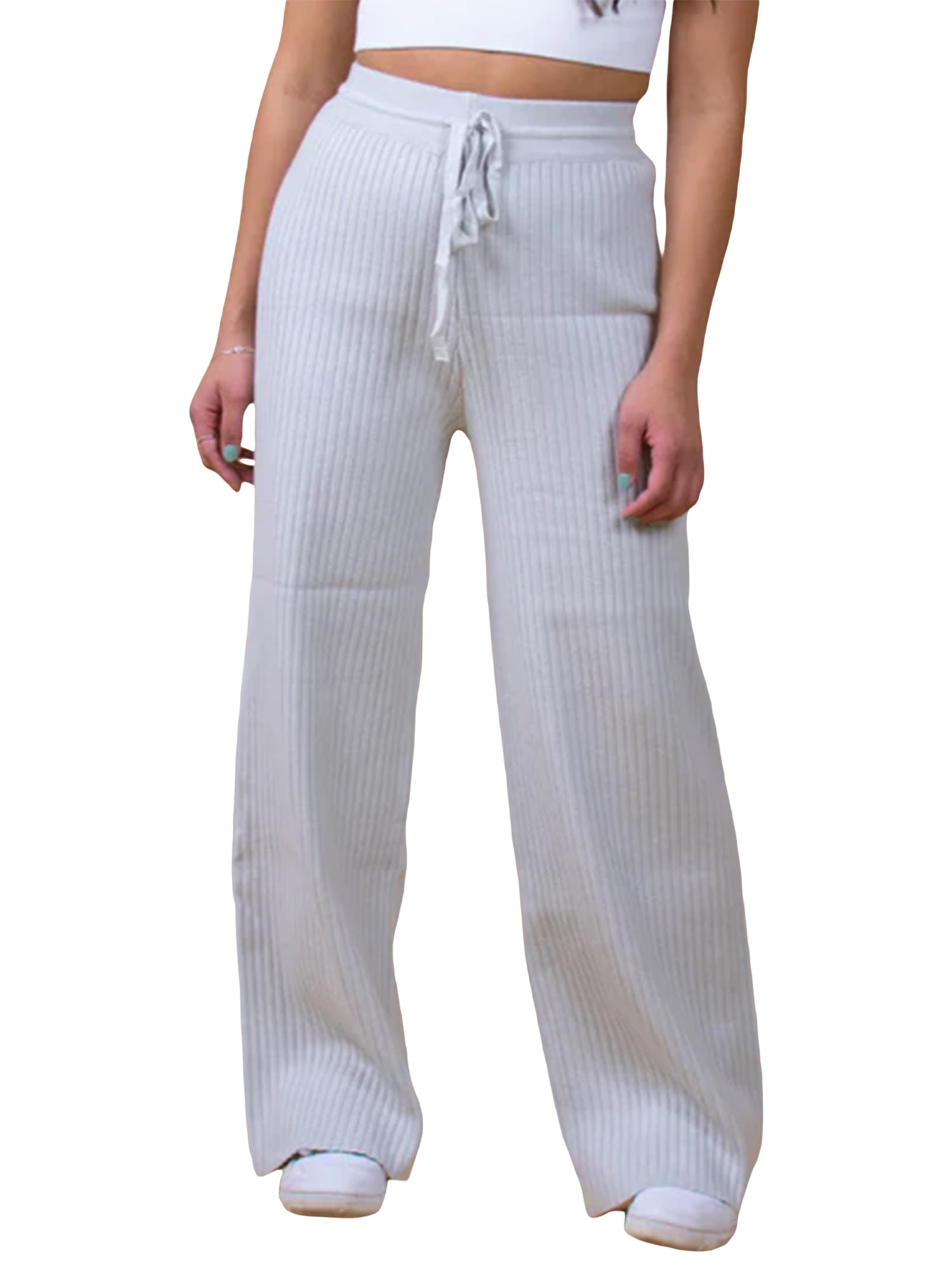 Women's Casual Ribbed Knit Pants Elastic Waist Tie Front Wide Leg
