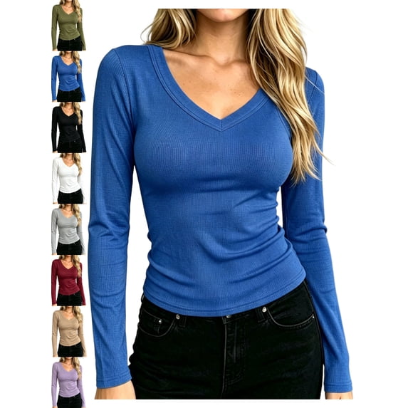 Women's Casual Ribbed Knit V-Neck Long Sleeve T-Shirt Slim Fit Basic Layering Everyday Fall Winter Top