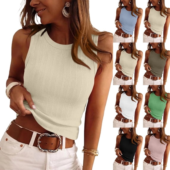 Women's Casual Ribbed Knit Wide Strap Tank Top Round Neck Fitted Blouse Trendy Daily Wear Summer Tops Beige XL