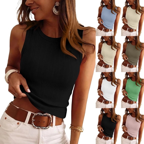 Women's Casual Ribbed Knit Wide Strap Tank Top Round Neck Fitted Blouse Trendy Daily Wear Summer Tops Black S