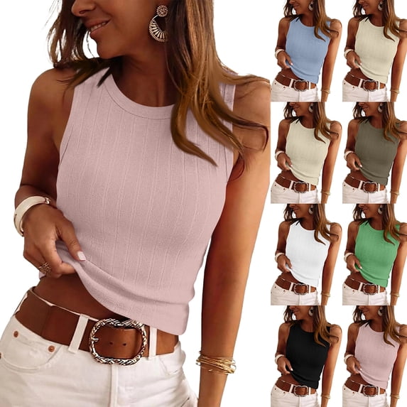 Women's Casual Ribbed Knit Wide Strap Tank Top Round Neck Fitted Blouse Trendy Daily Wear Summer Tops Pink M