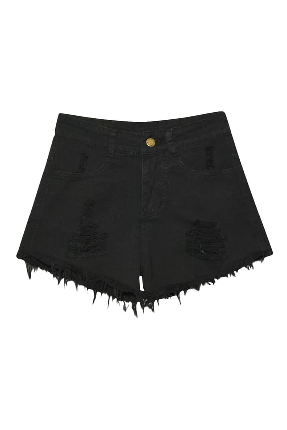 Women's Casual Ripped Denim Shorts Mid Waist Short Jeans with Pockets Black L