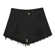 Women's Casual Ripped Denim Shorts Mid Waist Short Jeans with Pockets Black M