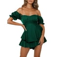 thumbnail image 1 of Women's Casual Romper Off Shoulder Short Sleeve Double Layer Ruffle Hem Jumpsuits High Waist Tie Short Romper Dress, 1 of 6