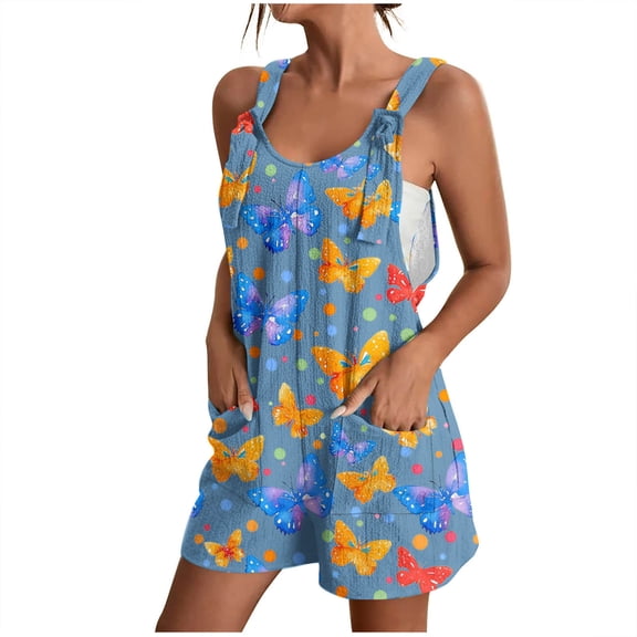 Women's Casual Rompers Stretchy Onesie Summer Sleeveless Shorts Floral Print Jumpsuits Loose with Pockets and Adaptable Strap