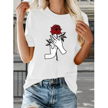 Women's Casual Rose Print T-Shirt Soft,Round Neck,Short Sleeve Tee with Stretch