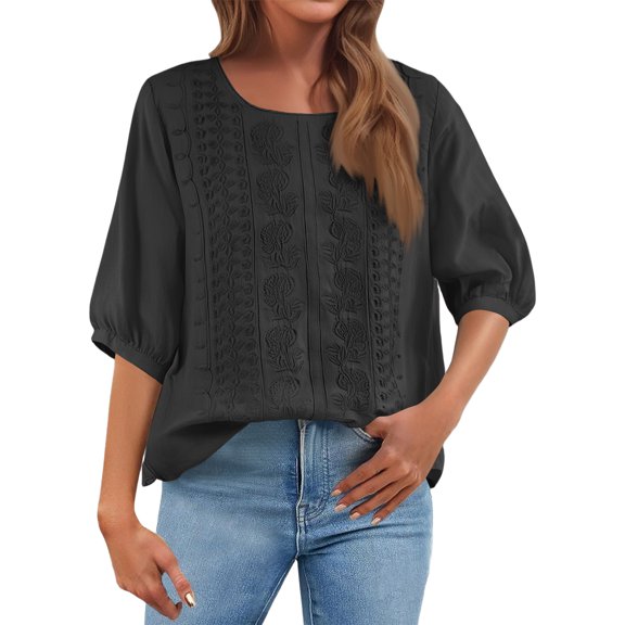 Women's Casual Round Neck Button-Down Shirt Solid Color Three-Quarter Sleeve Split Hem Cotton Blouse, Comfortable Relaxed Fit Top for Everyday Wear,Black,L