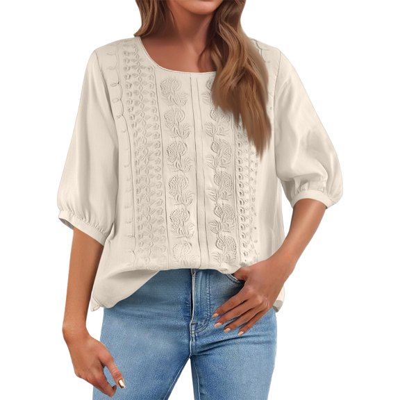 Women's Casual Round Neck Button-Down Shirt Solid Color Three-Quarter Sleeve Split Hem Cotton Blouse, Comfortable Relaxed Fit Top for Everyday Wear,White,L