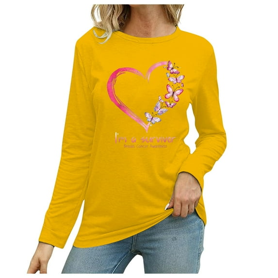 Women's Casual Round Neck Cancer Prevention Month International Awareness Month Printed Long Sleeve T Shirt Casual Long Sleeves for Women Blouses Pack Women Tee Dress for Women Long Sleeve Athletic