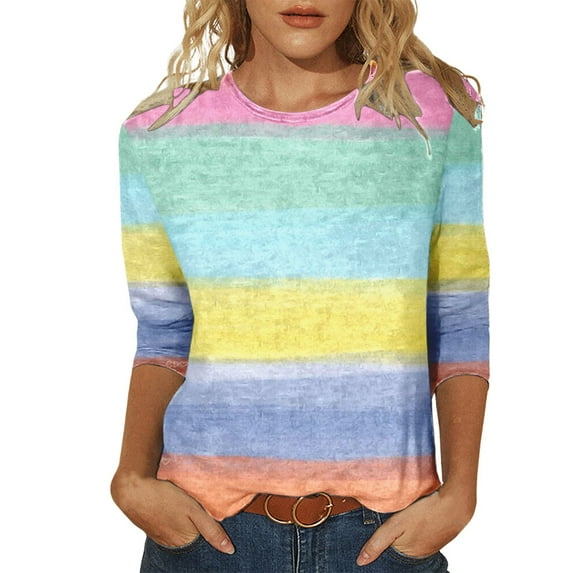 Women's Casual Round Neck Carnival Colorful Printed Three Quarter Sleeved T Shirt Top Turtle Necks for Womens Long Sleeve Pack Stripped Short Sleeve Shirt Women Women Turtle Neck Long Sleeve Shirts