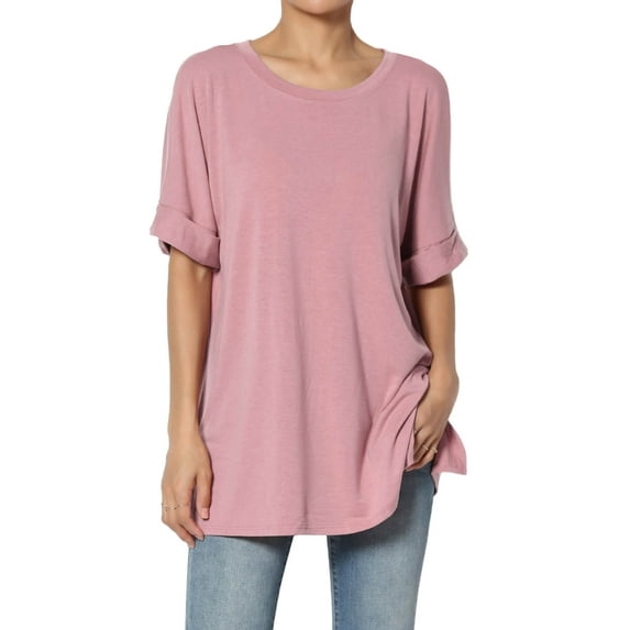 Women's Casual Round Neck Cuffed Short Sleeve Loose Tee Basic Top T-Shirt