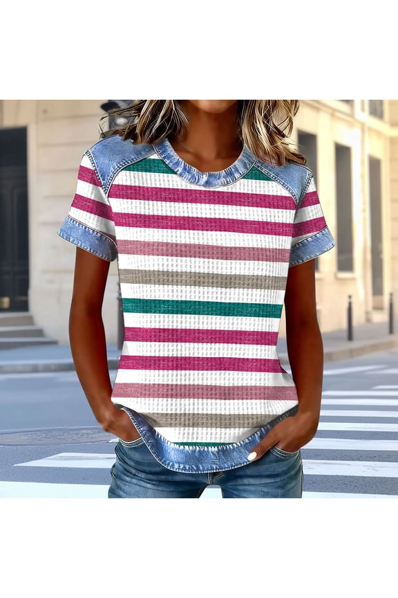 Women's Casual Round Neck Grid Pattern Knit Short Sleeve T Shirt, Loose Fit Pullover Top, Lightweight Daily Wear Blouse