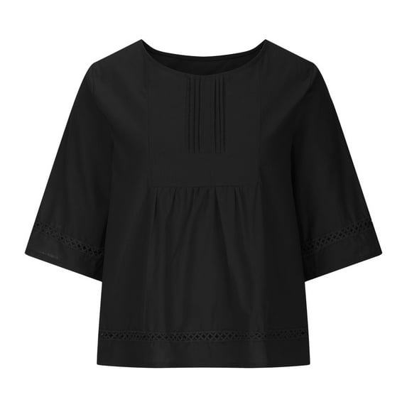 Women's Casual Round Neck Half Sleeve Solid Loose Shirt Hallow Out Cotton And Linen Blouse Tops(Black,XL)