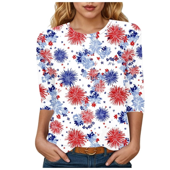 Women's Casual Round Neck Independence Day Print Three Quarter Sleeve Tee Blouse Silver XXL