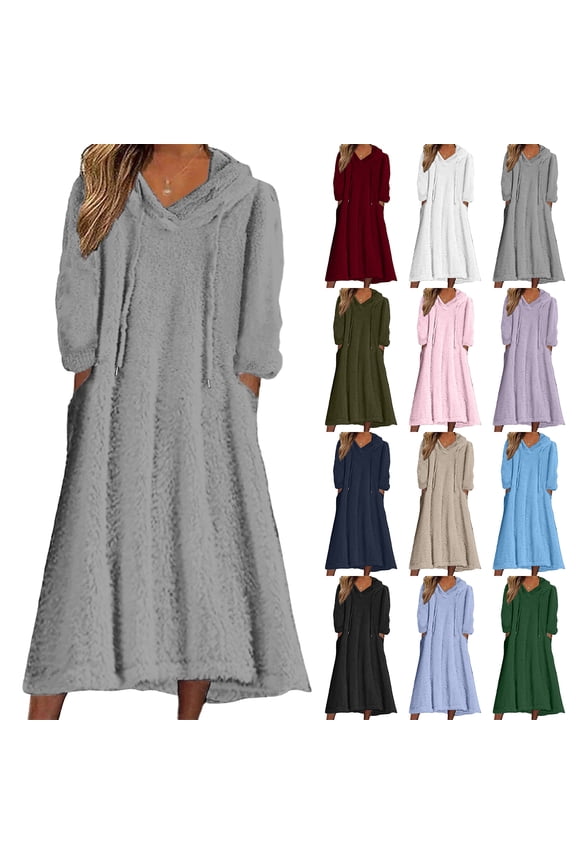Women's Casual Round Neck Long Sleeve Pullover Loose Wool Hooded Dress for Winter Comfort and Everyday Wear,Khaki,L