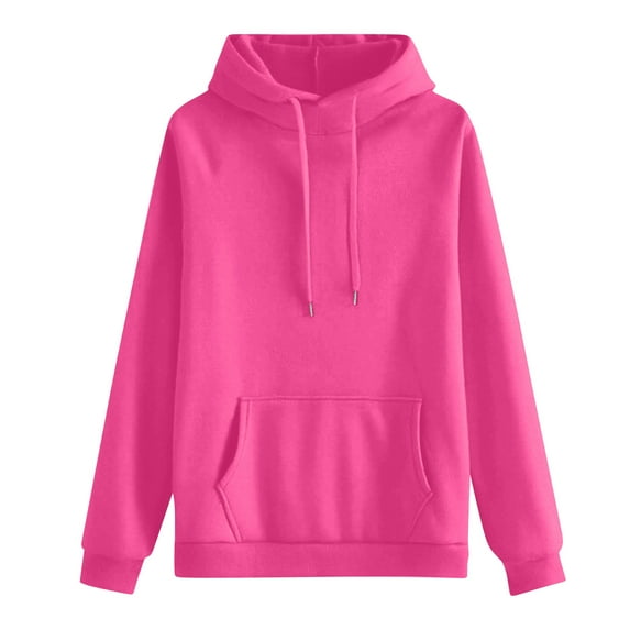 Women's Casual Round Neck Long Sleeve Solid Color Hooded Sweatshirt Comfort Pullover for Women Loose Fit Streetwear with Hood,Hot Pink,L