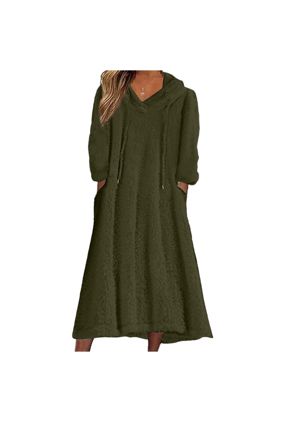 Women's Casual Round Neck Long Sleeved Pullover Loose Wool Hooded Long Sleeved Dress Ultra-Cozy Loungewear for Fall, Winter and Casual Weekend Style Army Green L