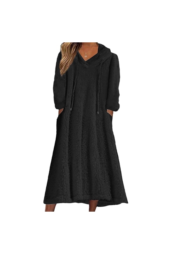 Women's Casual Round Neck Long Sleeved Pullover Loose Wool Hooded Long Sleeved Dress Ultra-Cozy Loungewear for Fall, Winter and Casual Weekend Style Black 2XL