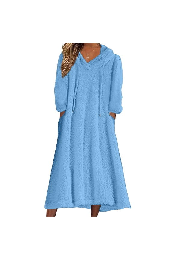 Women's Casual Round Neck Long Sleeved Pullover Loose Wool Hooded Long Sleeved Dress Ultra-Cozy Loungewear for Fall, Winter and Casual Weekend Style Blue 2XL