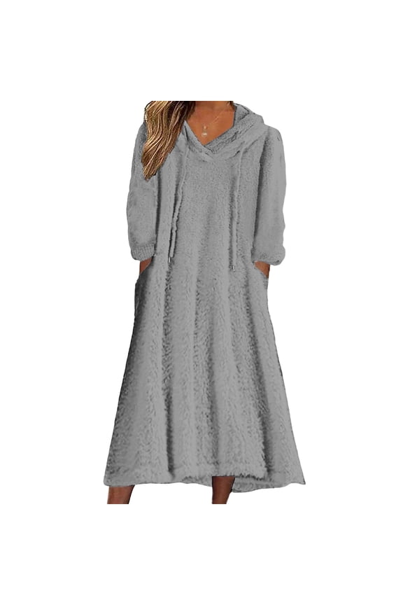 Women's Casual Round Neck Long Sleeved Pullover Loose Wool Hooded Long Sleeved Dress Ultra-Cozy Loungewear for Fall, Winter and Casual Weekend Style Gray 2XL