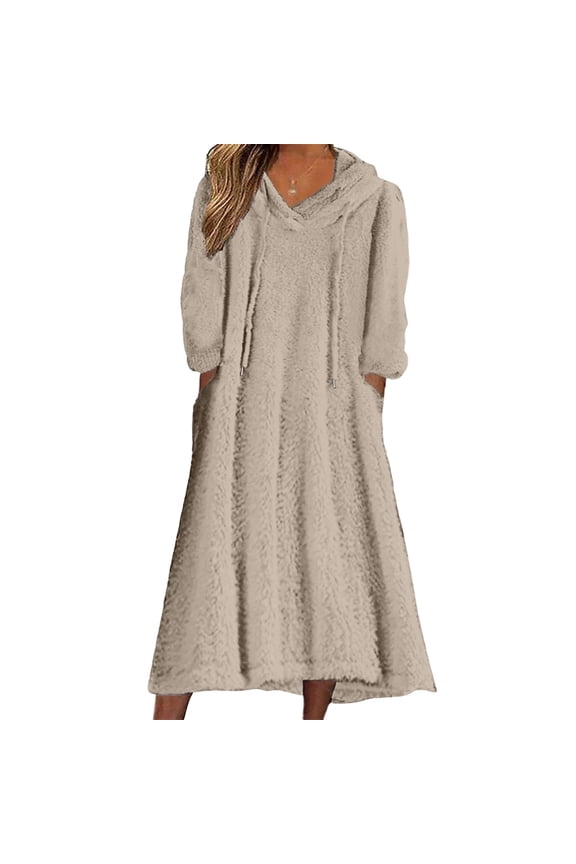 Women's Casual Round Neck Long Sleeved Pullover Loose Wool Hooded Long Sleeved Dress Ultra-Cozy Loungewear for Fall, Winter and Casual Weekend Style Khaki XL