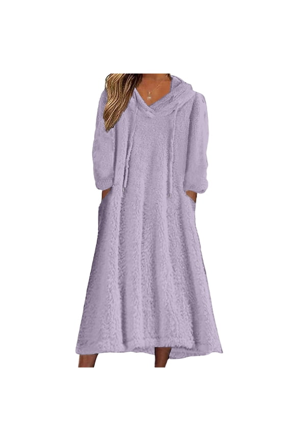 Women's Casual Round Neck Long Sleeved Pullover Loose Wool Hooded Long Sleeved Dress Ultra-Cozy Loungewear for Fall, Winter and Casual Weekend Style Light Purple M