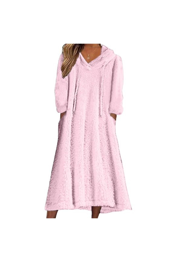 Women's Casual Round Neck Long Sleeved Pullover Loose Wool Hooded Long Sleeved Dress Ultra-Cozy Loungewear for Fall, Winter and Casual Weekend Style Pink L