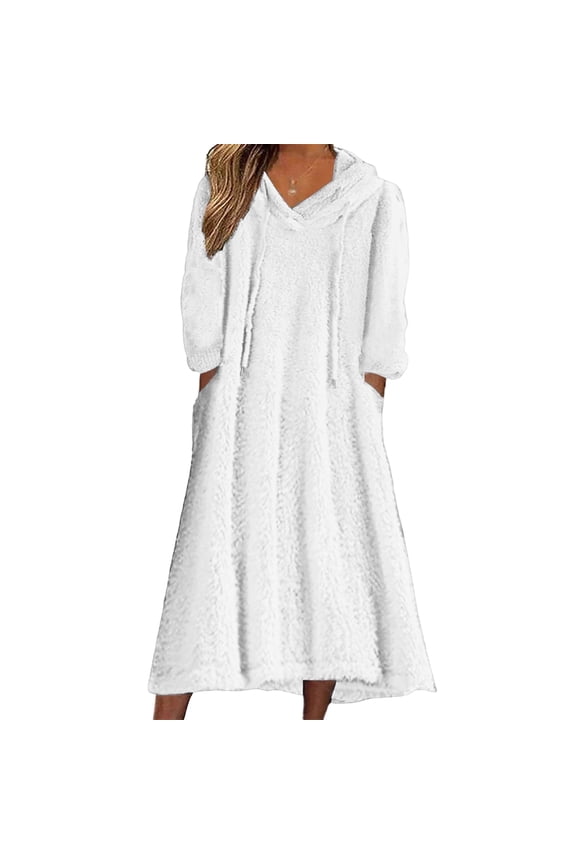Women's Casual Round Neck Long Sleeved Pullover Loose Wool Hooded Long Sleeved Dress Ultra-Cozy Loungewear for Fall, Winter and Casual Weekend Style White XL