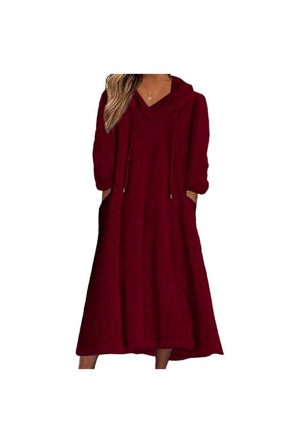 Women's Casual Round Neck Long Sleeved Pullover Loose Wool Hooded Long Sleeved Dress Ultra-Cozy Loungewear for Fall, Winter and Casual Weekend Style Wine XL
