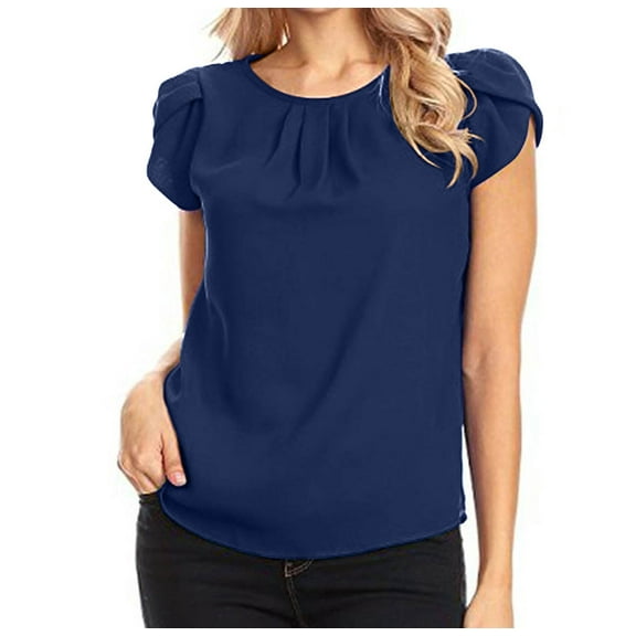 Women's Casual Round Neck Pleated Top Short Sleeve Keyhole Back Chiffon Blouse