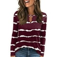 thumbnail image 1 of Women's Casual Round Neck Pullover Long Sleeve T-Shirt Top with Stylish Striped Print Pattern, Trendy and Soft Basic Tee for Casual Outfits and Lounge Wear,Wine,2XL, 1 of 6