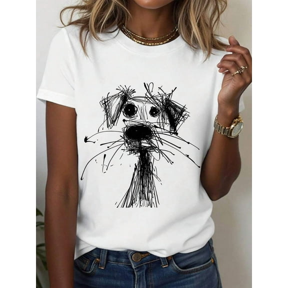 Women's Casual Round Neck Puppy Doodle Print Short Sleeve T-Shirt, Versatile For Summer