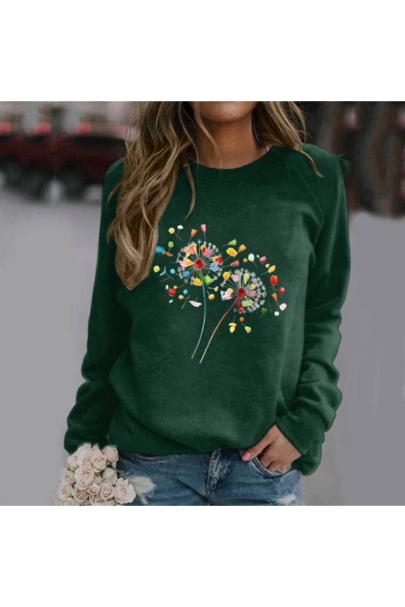 Women's Casual Round Neck Raglan Long Sleeved Colorful Dandelion Bouquet Printed Pullover Sweatshirt Sweater Long Sleeve Sweater Bohemian Jacket French Pullover Hoodie Workout Women Cactus Hoodies