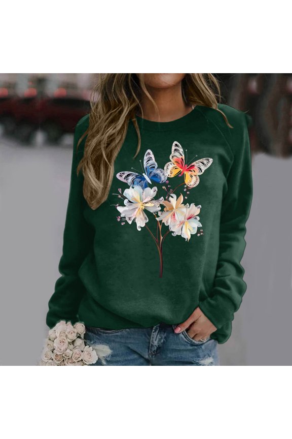 Women's Casual Round Neck Raglan Long Sleeved Colorful Feather Print Pullover Sweatshirt Sweater Half Zip up Jacket Women Colla Sweatshirt Active Wear Women Jacket Outfits Women Hooded Sweatshirt