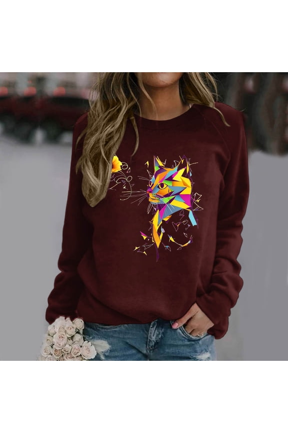 Women's Casual Round Neck Raglan Long Sleeved Colorful Sunflower Cat Print Pullover Sweatshirt Sweater Beach Sweaters Women Distressed Plain Sweatshirt Cute Fall Shirt Cute Sweatshirts Fall Women