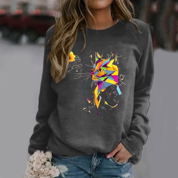 Women's Casual Round Neck Raglan Long Sleeved Colorful Sunflower Cat Print Pullover Sweatshirt Sweater Beach Sweaters Women Distressed Plain Sweatshirt Cute Fall Shirt Cute Sweatshirts Fall Women