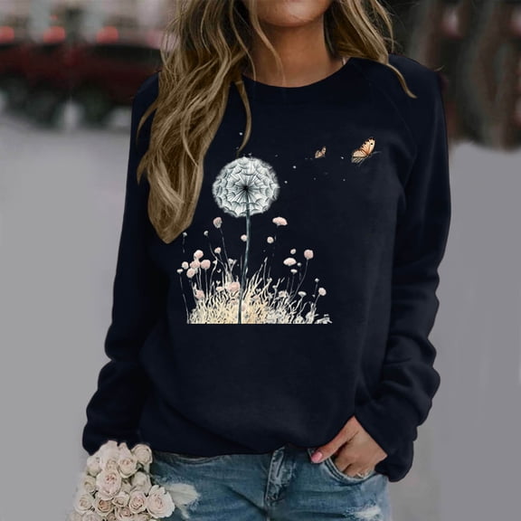 Women's Casual Round Neck Raglan Long Sleeved Retro Dandelion Printed Pullover Sweatshirt Sweater Cute Tunic Top 2 Peaces Set Women Ladies Sweatshirts Zipper Knit Blouse 1 Piece Outfits Women Juniors