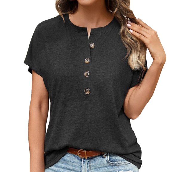 Women's Casual Round Neck Short Sleeve Button Down T-Shirt Comfortable Stylish Daily Wear Soft Breathable Fabric for Outfits
