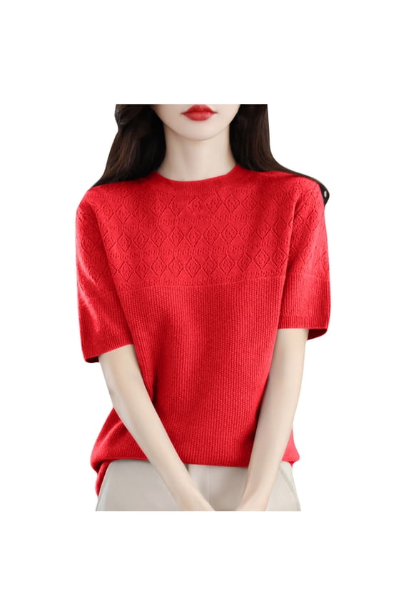 Women's Casual Round Neck Short Sleeve Sweater T Shirt Basic Stretchy Solid Color Ribbed Knit Pullover Shirts Tops