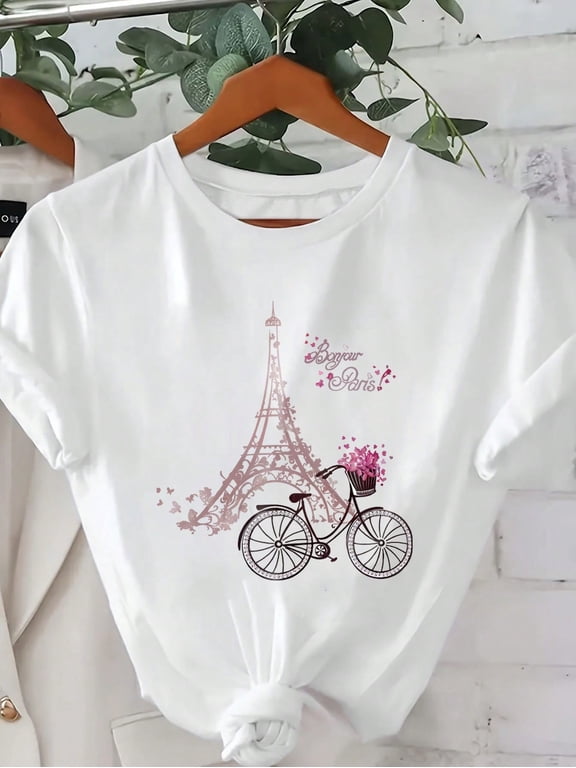 Women's Casual Round Neck Short Sleeve T-Shirt Bonjour Paris Graphic Tees Women Tops