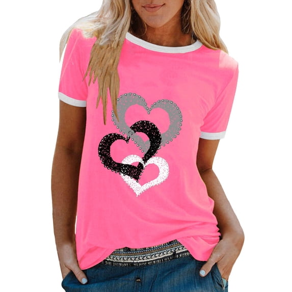 Women's Casual Round Neck Short Sleeve T Shirt With Heart Print Stripe Tee Layering Shirt Women Solid Womens Shirts Medium Women Shirt Womens Short Sleeve Shirt Short Sleeve Active Wear Loose Fit