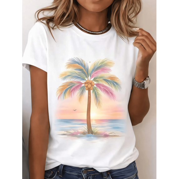 Women's Casual Round Neck Short Sleeve T-Shirt With Tropical Palm Tree Sunset Print Perfect For Summer Beach Outfits