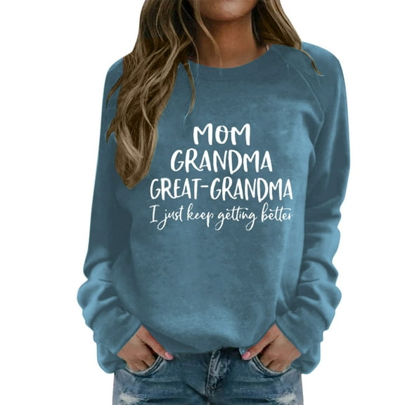 Women's Casual Round Neck Shoulder Long Fun Letter Printed Pullover Sweatshirt Sweater