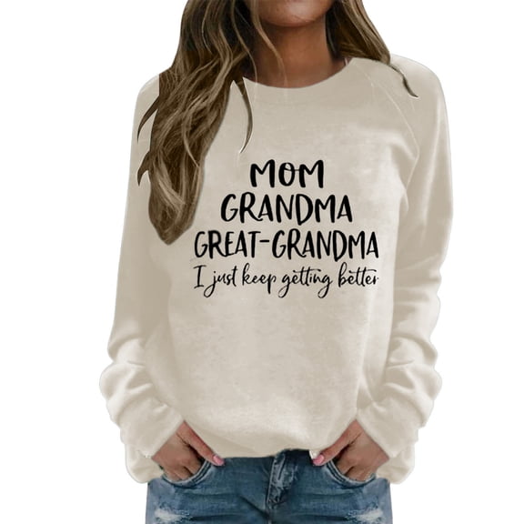 Women's Casual Round Neck Shoulder Long Fun Letter Printed Pullover Sweatshirt Sweater