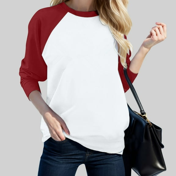 Women's Casual Round Neck With Shoulder Matching Color Long Sleeve T Shirt Raglan T Shirt Women Womens Long Tee Shirt Women Top Exercise Wear Tee Shirt Running Tee Shirts Women Womens Shirts Casual