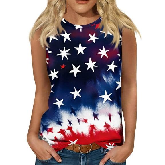 Women's Casual Round Neck Sleeveless T-Shirt Vest, Independence Day Print Summer Top for Lightweight Style & Comfort,Blue S