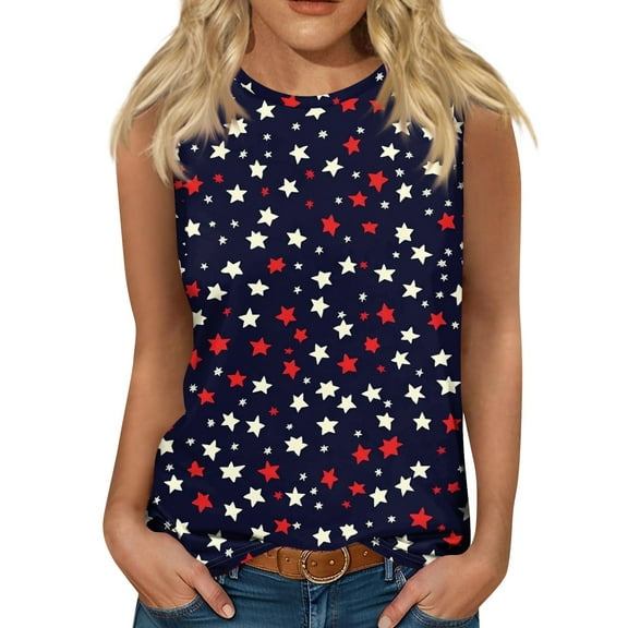 Women's Casual Round Neck Sleeveless Tank Top, Independence Day Print Summer T-Shirt for Beachwear & Street Style,Dark Blue M