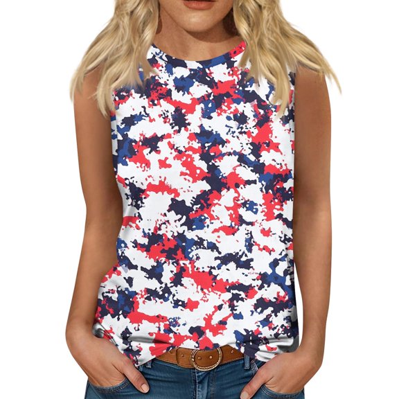Women's Casual Round Neck Sleeveless Tank Top, Independence Day Print Summer T-Shirt for Beachwear & Street Style,Watermelon Red L