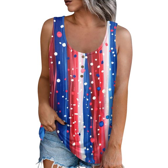 Women's Casual Round Neck Sleeveless Tank Top, Patriotic Independence Day Print Summer Top for Trendy & Comfortable Wear,Watermelon Red 5XL