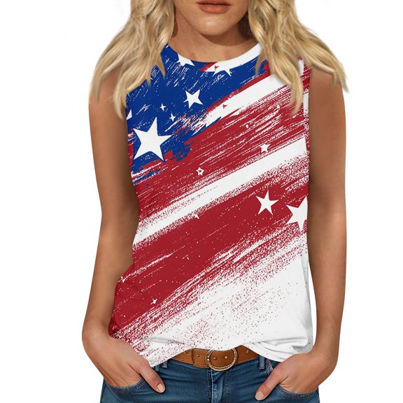 Women's Casual Round Neck Sleeveless Vest Top, Patriotic Independence Day Print Summer Blouse for Lightweight Layering,Deep Red M